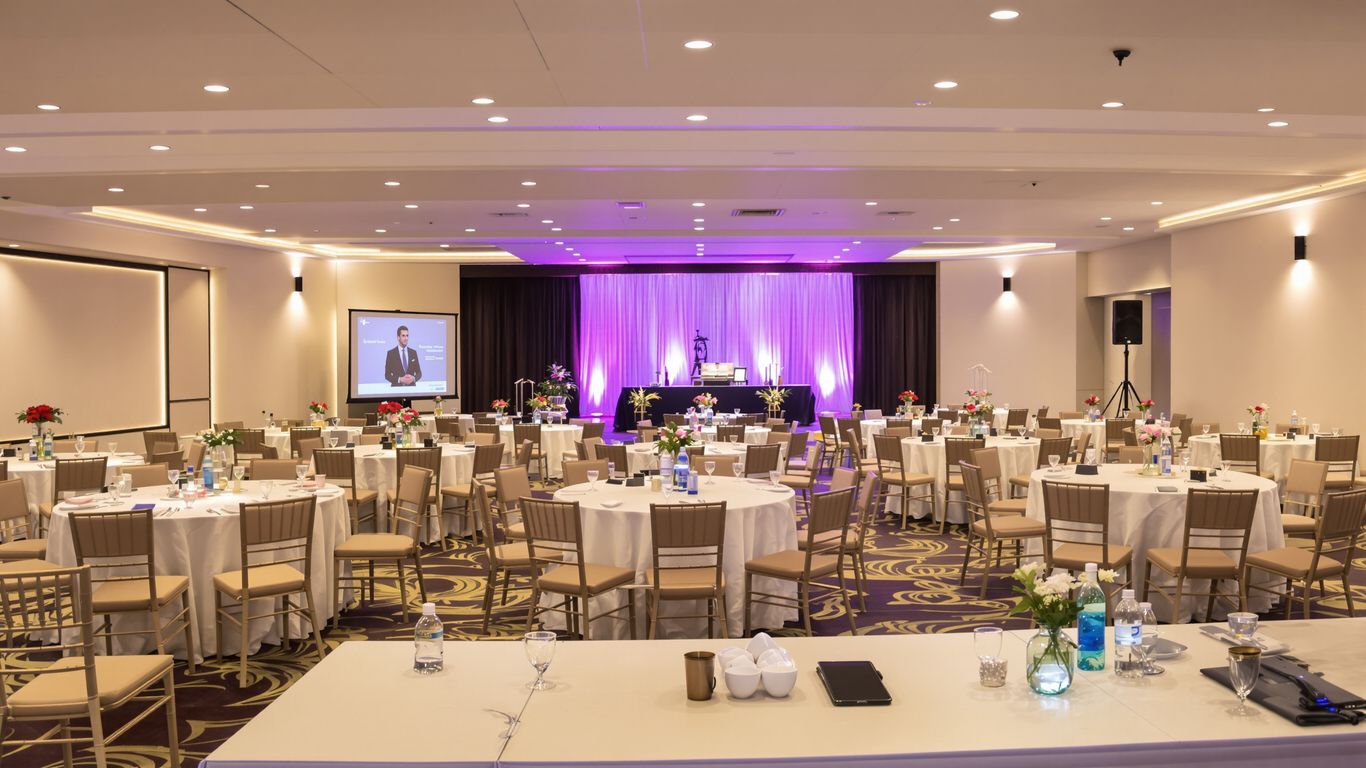 Organized event space with tables and chairs.