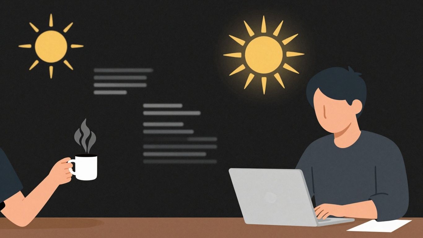 Homem focado em rotina matinal produtiva e sem distrações.