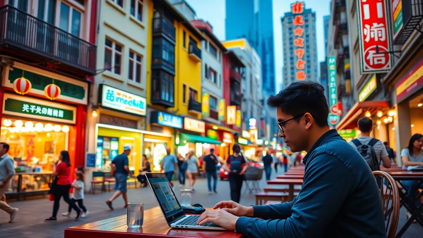 Digital nomad working outdoors in Taipei.