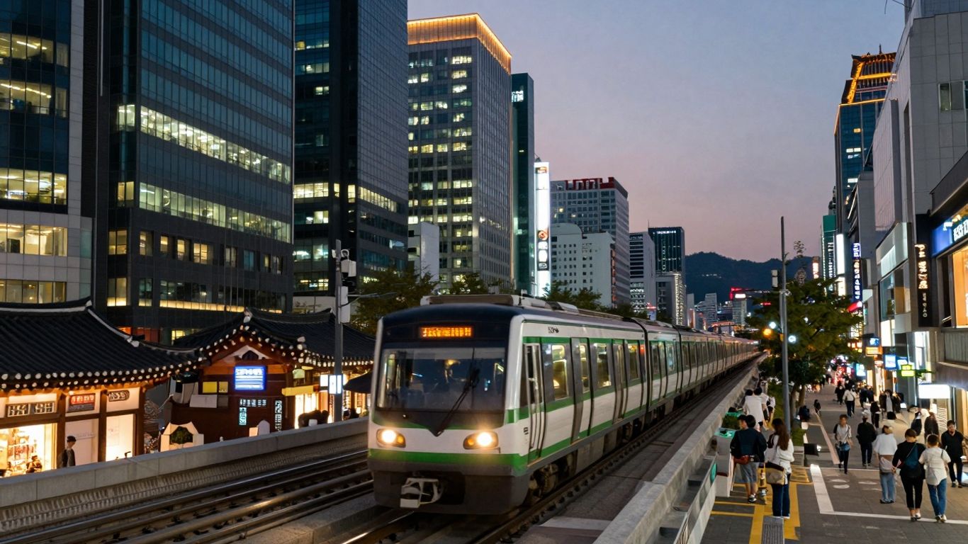 Seoul cityscape with modern and traditional elements.