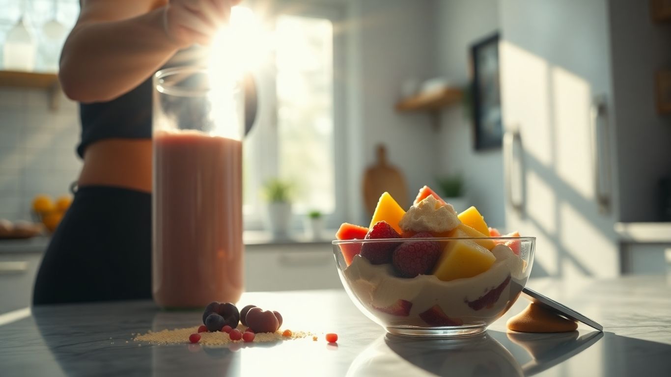 Person making a protein shake with fruits.