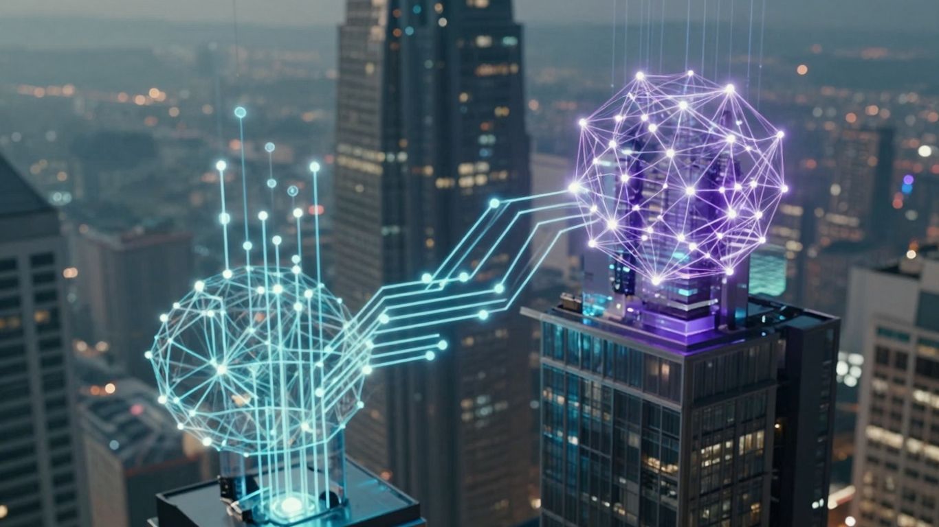 AI and blockchain integration, futuristic digital network.