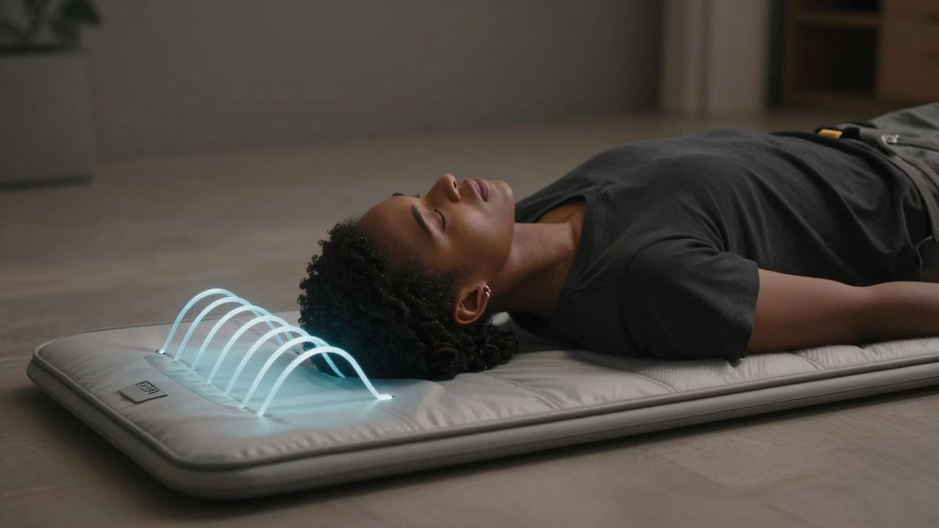 Person relaxing on a PEMF mat with gentle light waves.
