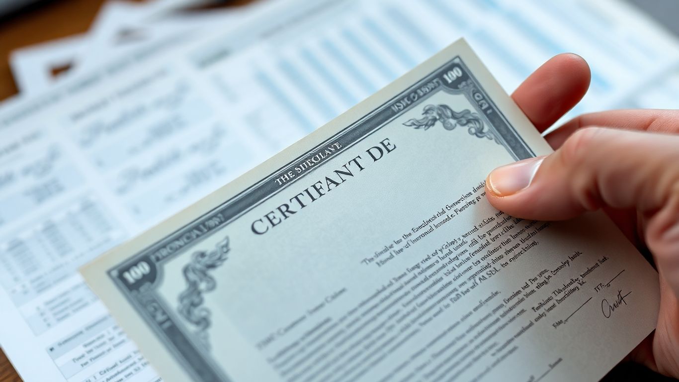 Close-up of a metallic bond certificate held in a hand.