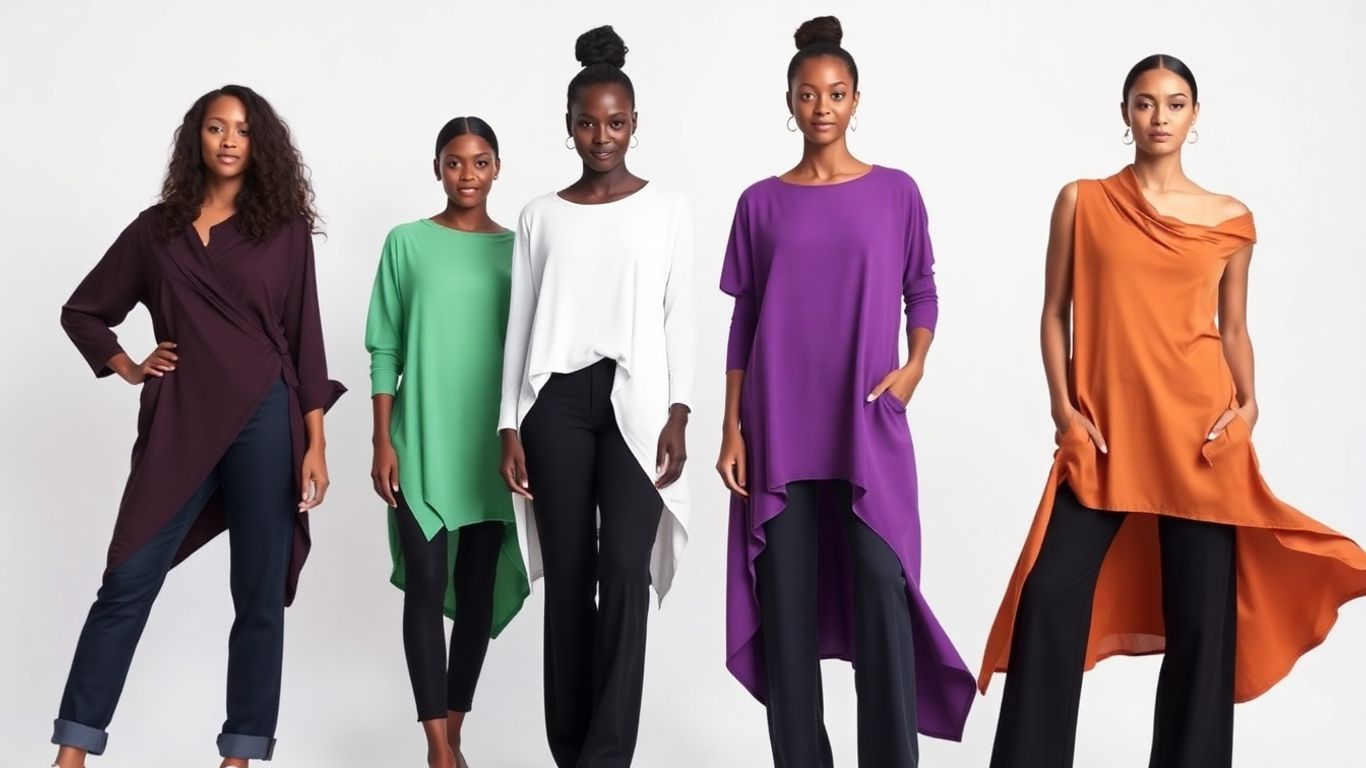 Models wearing stylish asymmetrical tops in different designs.