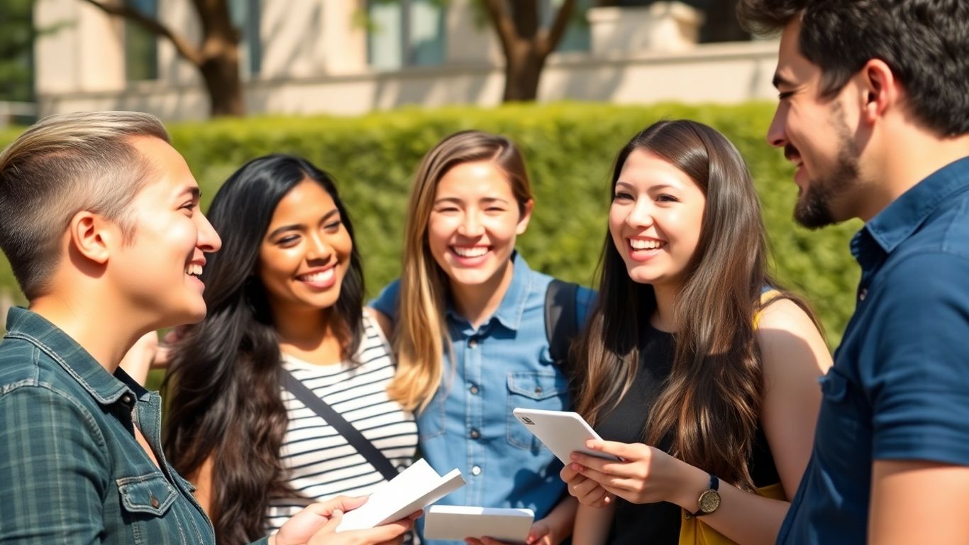 Grupo diverso de jóvenes practicando pronunciación española al aire libre.