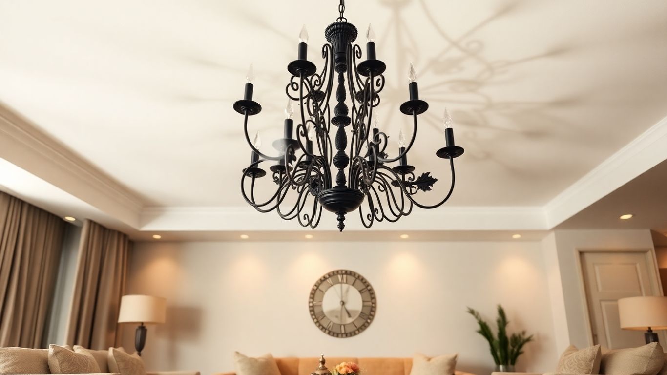 Elegant black chandelier in a stylish room.