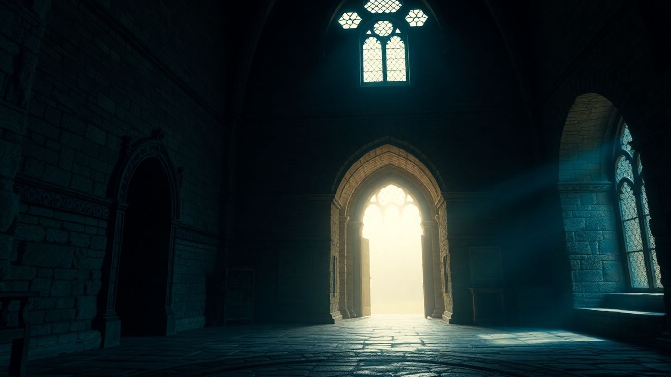 A dark, atmospheric castle interior with stone walls and arches.