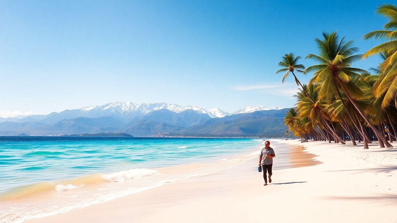 Sunny beach with mountains and a couple walking.