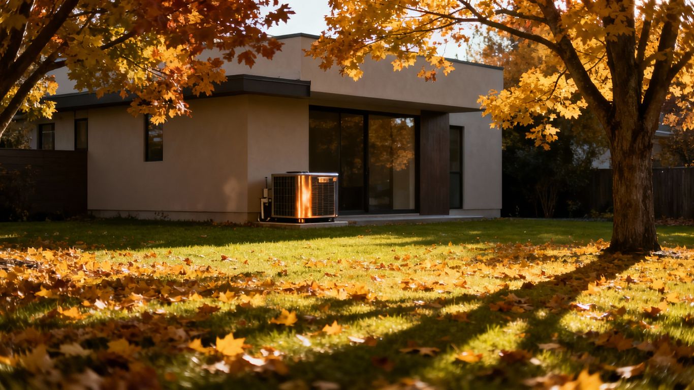 HVAC unit outside a house with fall leaves