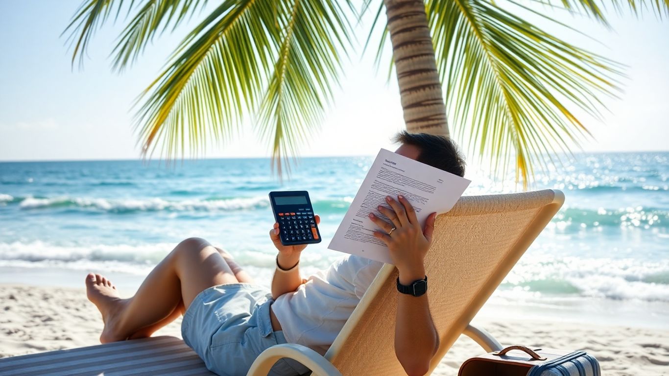 Pessoa relaxando na praia com calculadora e documento.