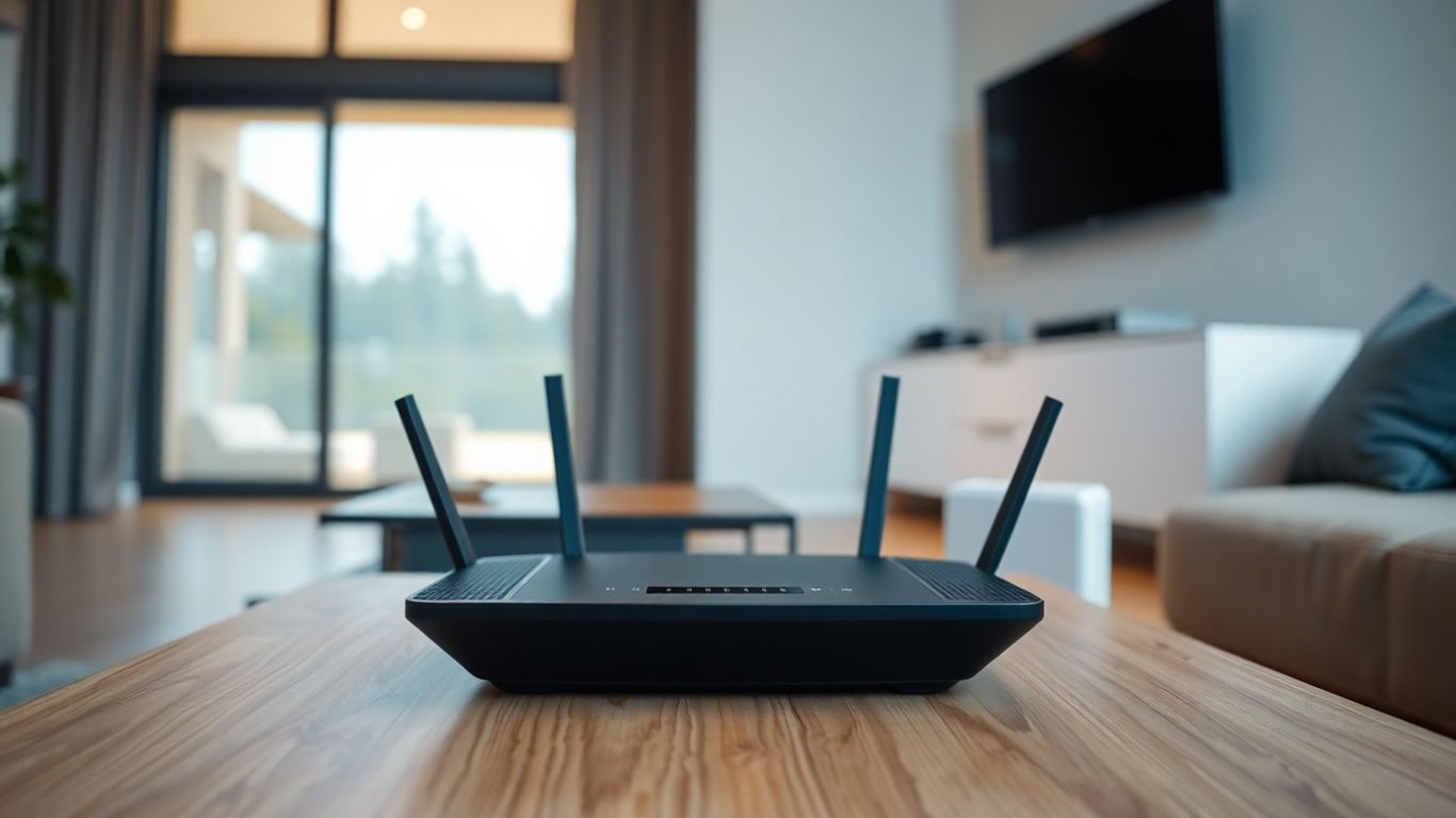 Roteador mesh em sala de estar moderna.