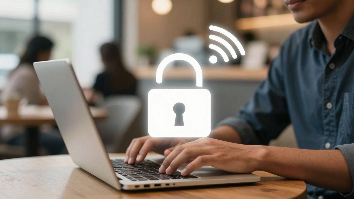 Padlock on Wi-Fi signal in a public cafe.