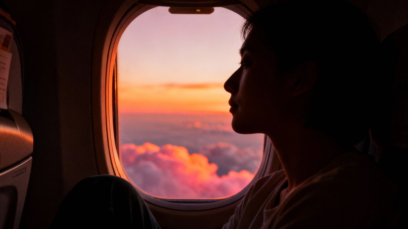 Person peacefully watching sunset from airplane window.