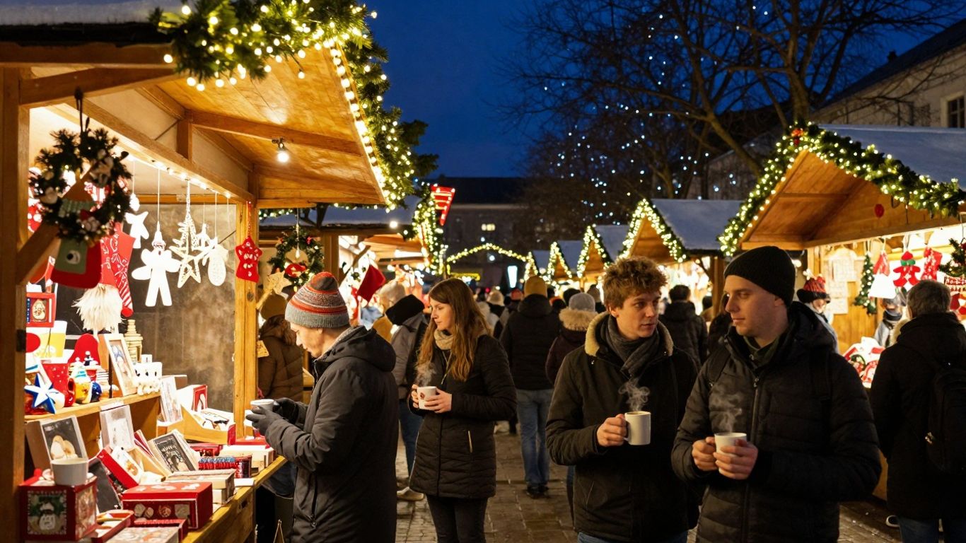 Festlicher Weihnachtsmarkt mit Lichtern und Menschen