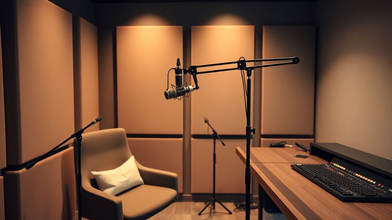 Podcast studio setup with microphone and mixing desk.