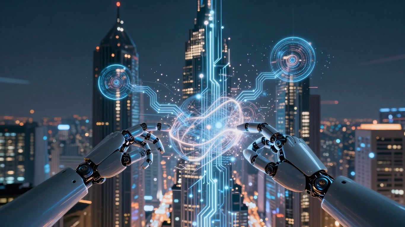 AI creating digital art in a futuristic city.