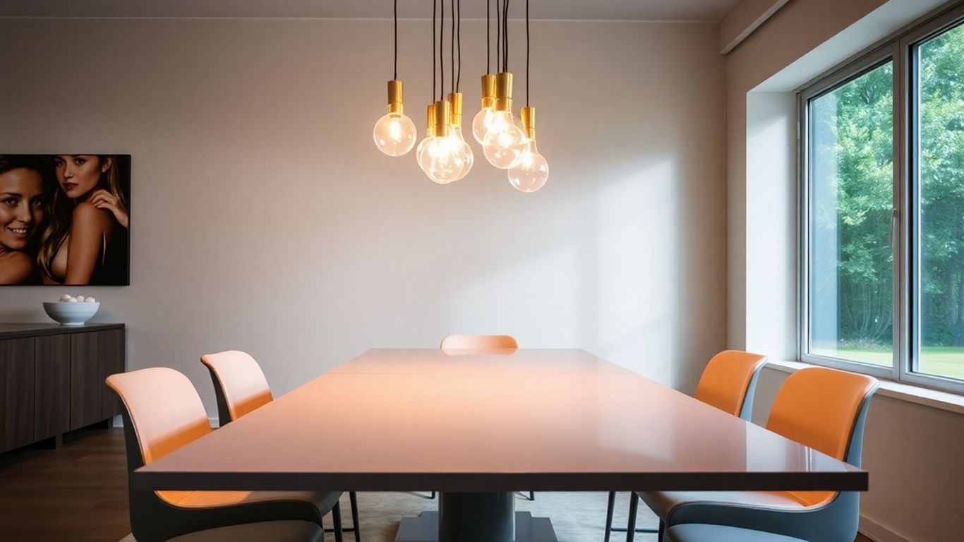 Elegant pendant lights above a modern dining table.