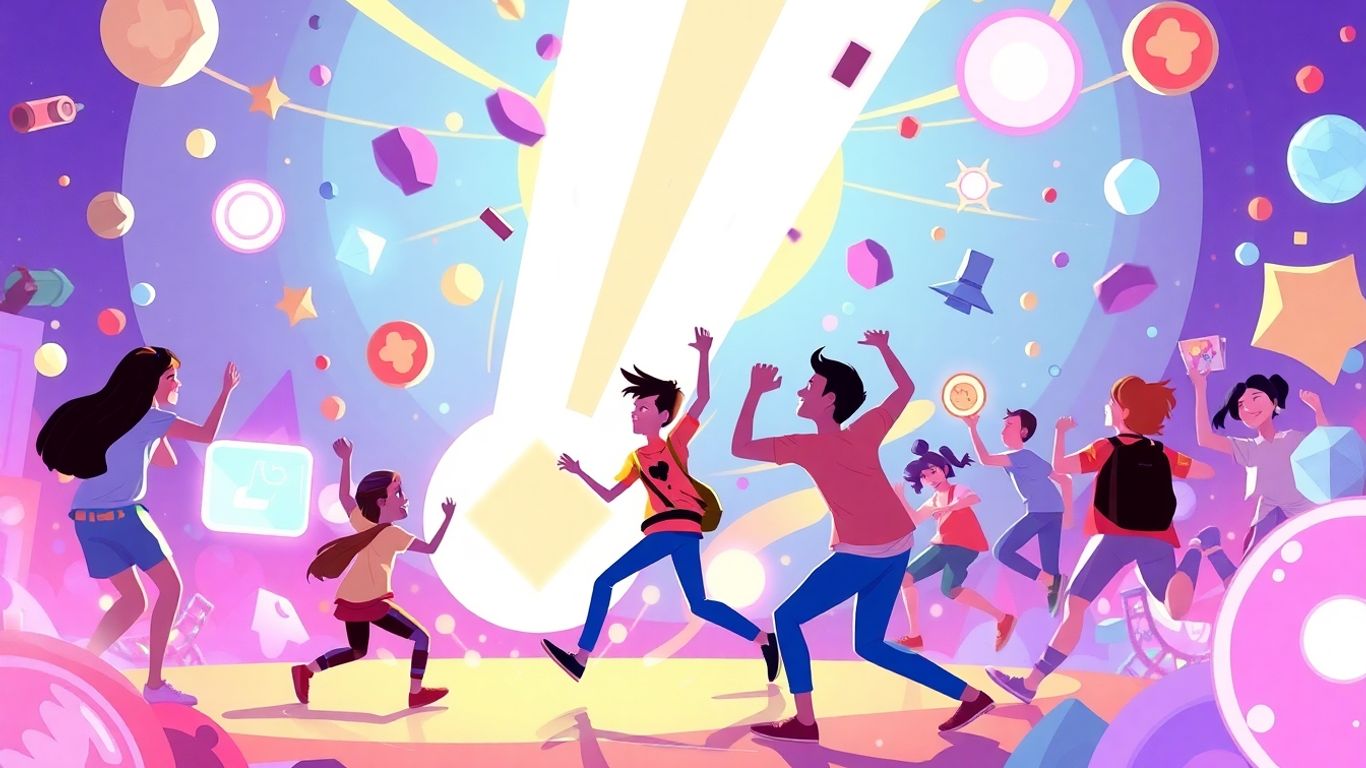 Dynamic illustration of entertainment news and buzz with game-like feel.