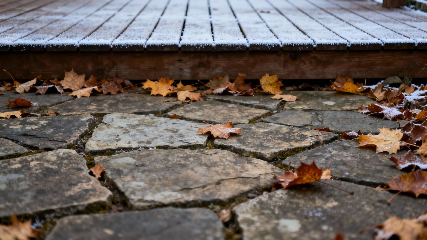 Winter frost on patio and deck with autumn leaves.