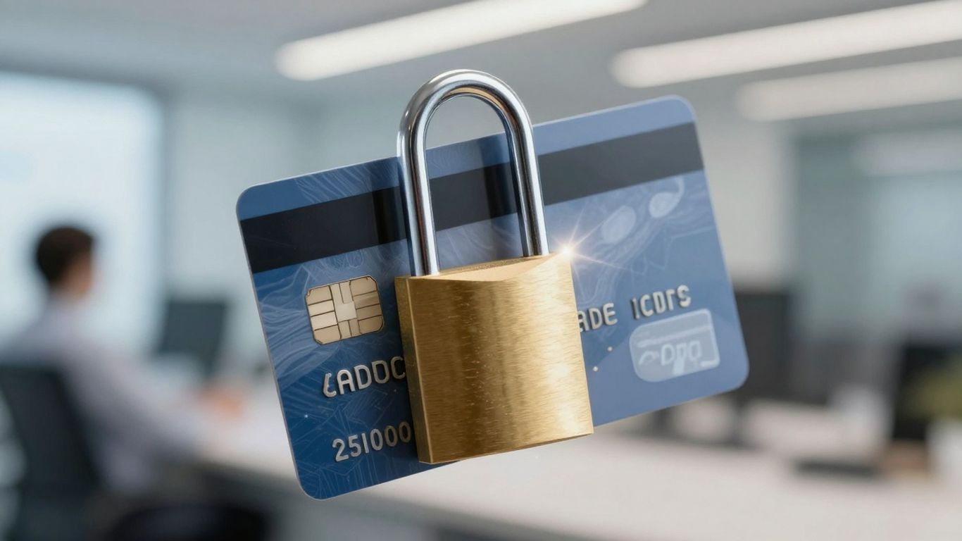 Secure credit card with padlock for PCI DSS compliance.