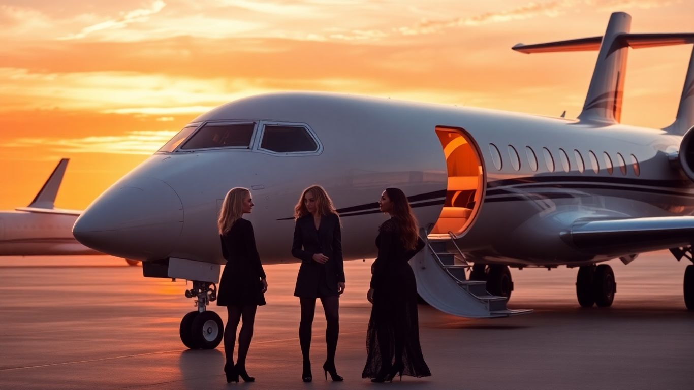 Celebrities near a private jet on tarmac