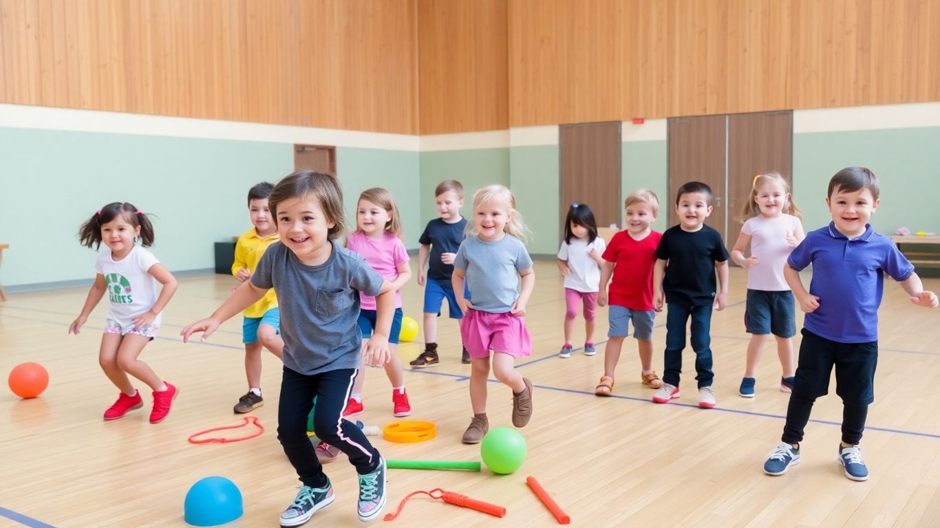 Kinder spielen und lachen bei der ersten Sportstunde.