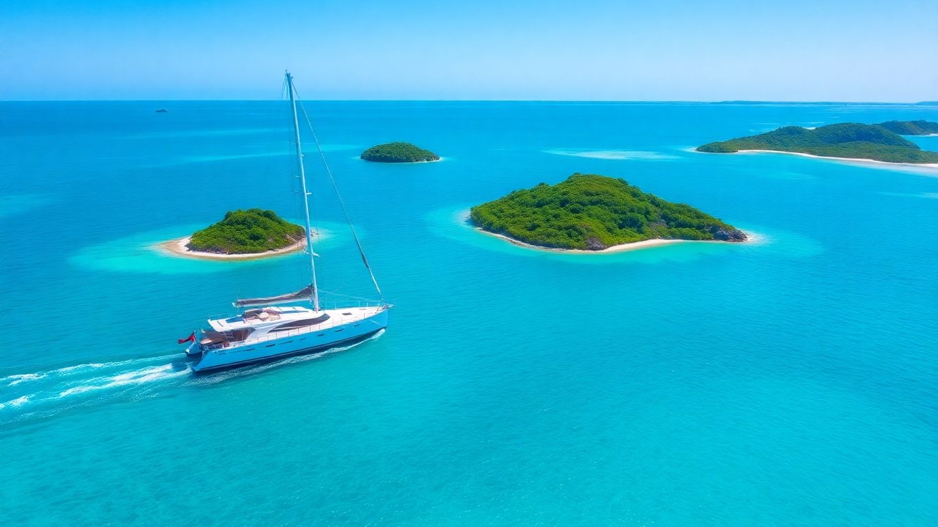 Sailboat on turquoise water near tropical islands.