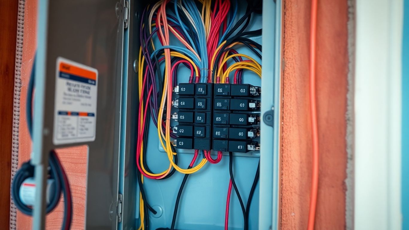 Electrical panel with wires and circuit breakers.