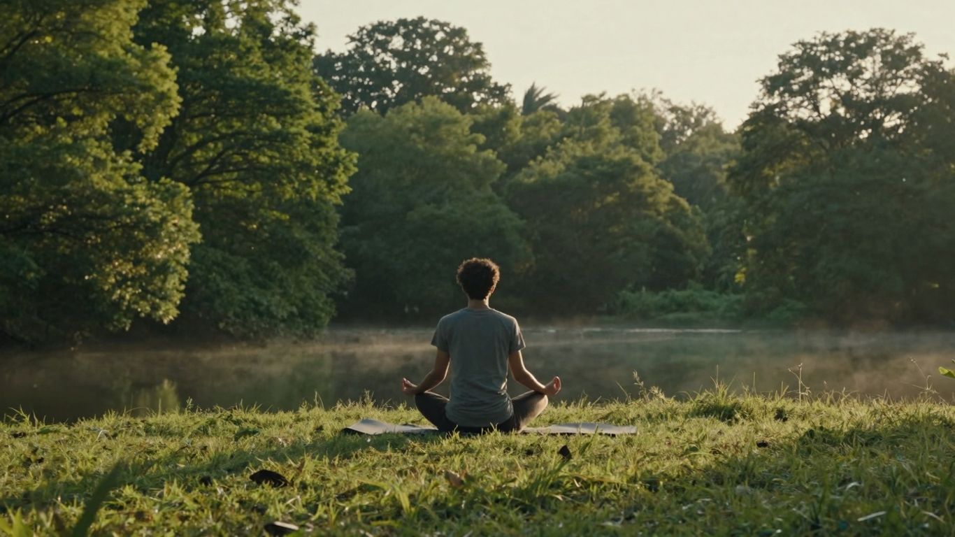 Person meditiert im Sonnenaufgang in friedlicher Naturlandschaft.