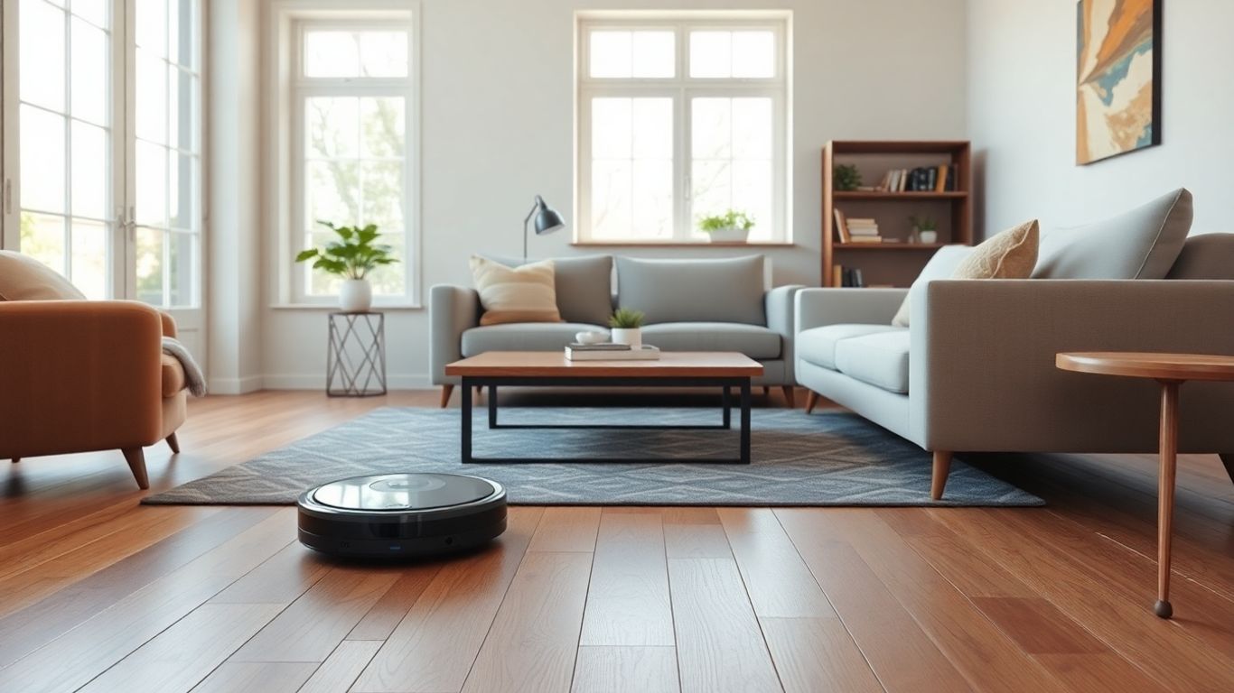 Aspirador robô limpa sala moderna com piso de madeira.
