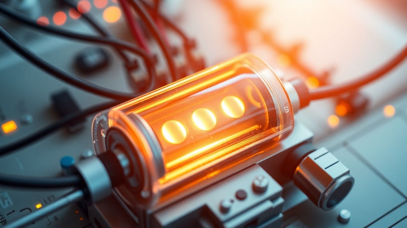 Futuristic battery cell with testing equipment.