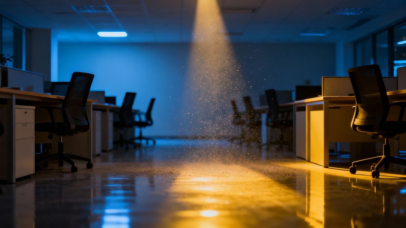 Prázdna kancelária po upratovaní v noci.