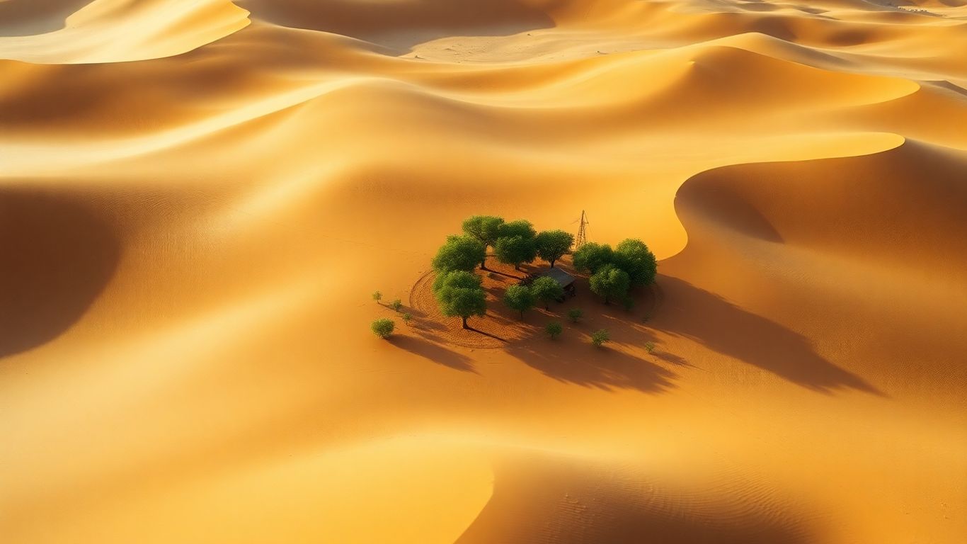 قرية تحيط بها الرمال وأشجار خضراء تقاوم الزحف