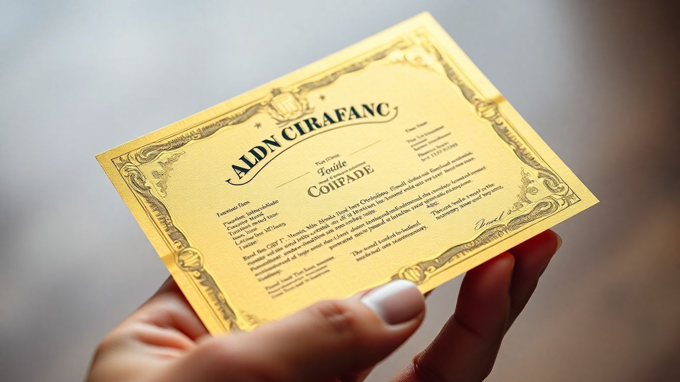 Close-up of a hand holding a gold bond certificate.