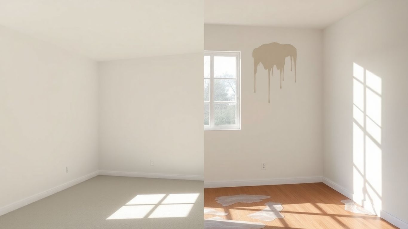 Home interior with quality paint job versus poor paint job.