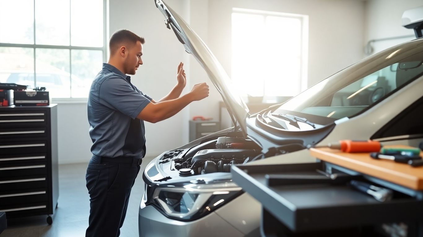 Mechanic inspecting car engine in a bright garage.
