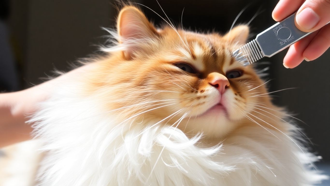 Cat enjoying grooming with a comb, fur smooth and shiny.