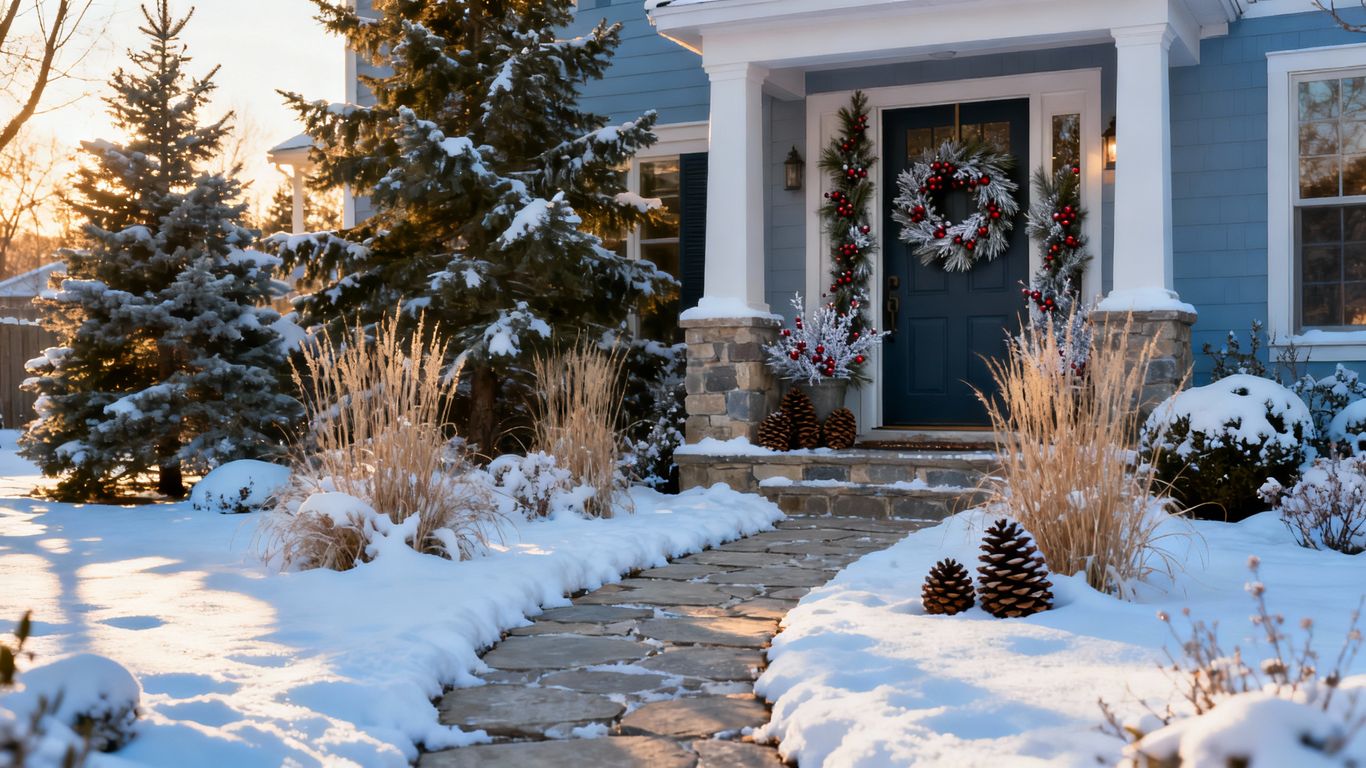 Winter landscape with evergreens and pathway.