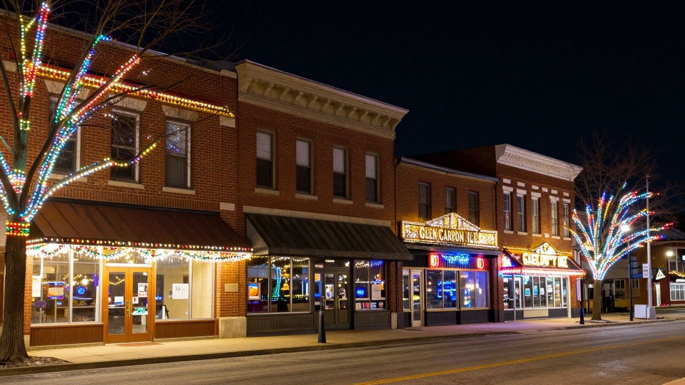 Commercial buildings in Glen Carbon lit up with Christmas lights.