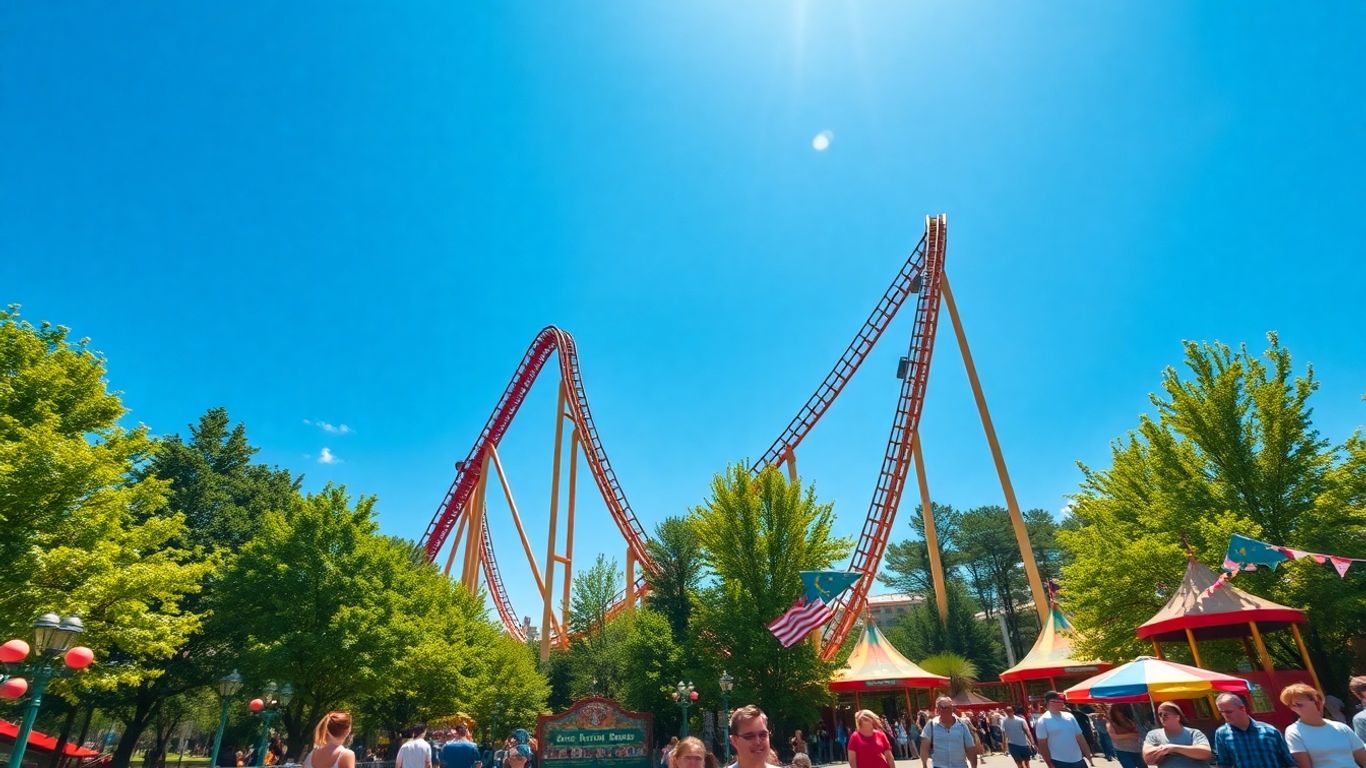 Parc d'attractions Crealy avec montagnes russes et attractions colorées.