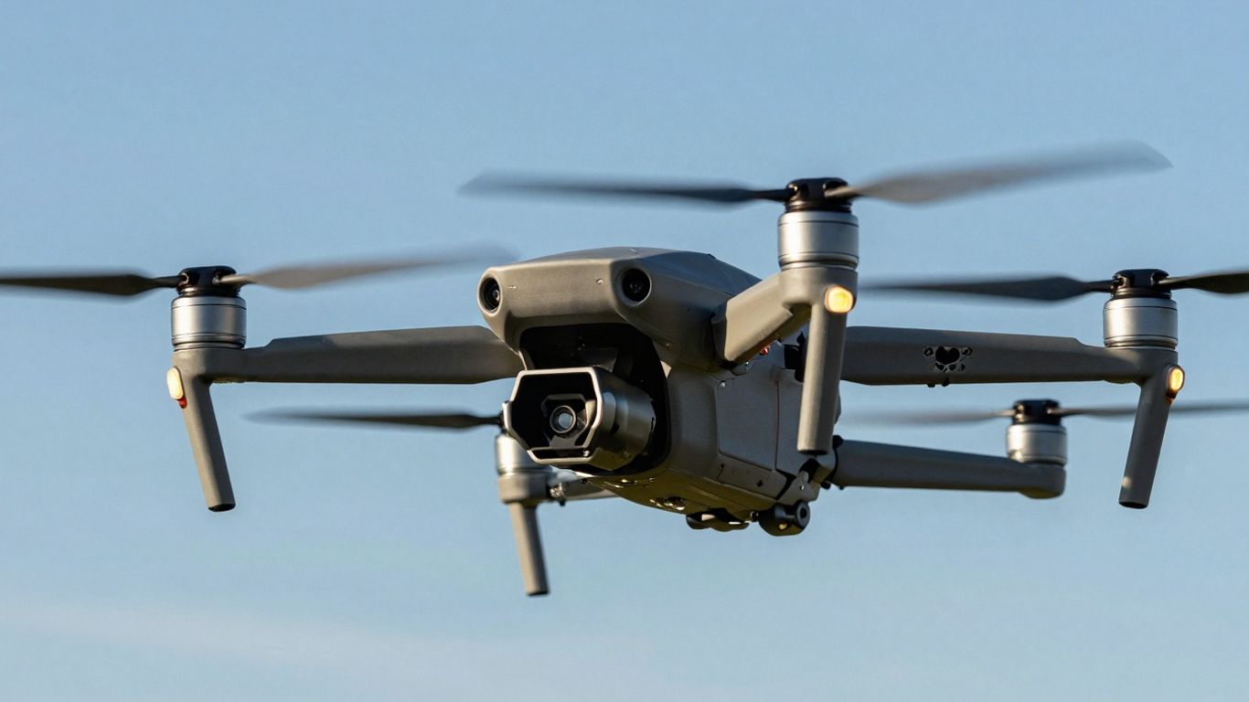 Drone flying in a clear blue sky.