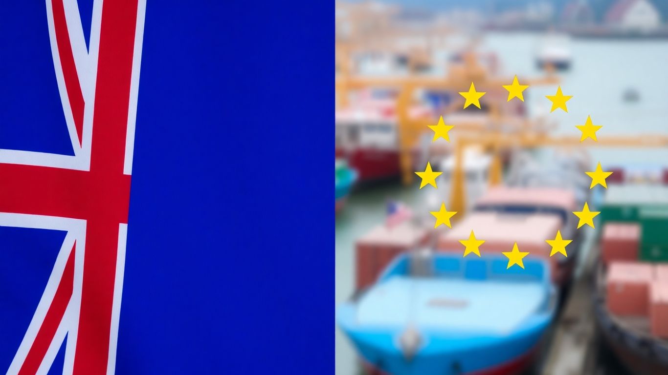 UK and EU flags divided, suggesting trade impact.