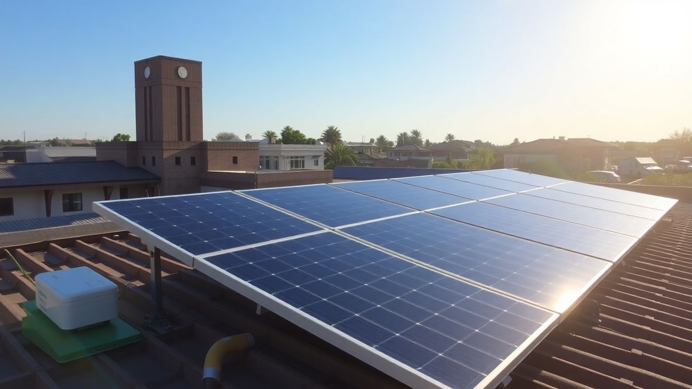 Panneaux solaires sur un toit avec des bâtiments municipaux.