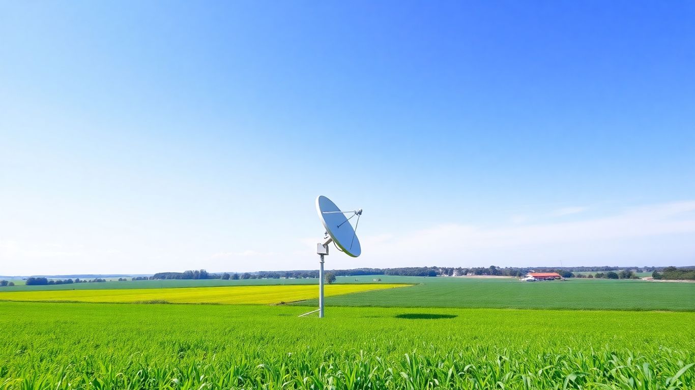 Rural landscape with satellite dish connecting to the sky.