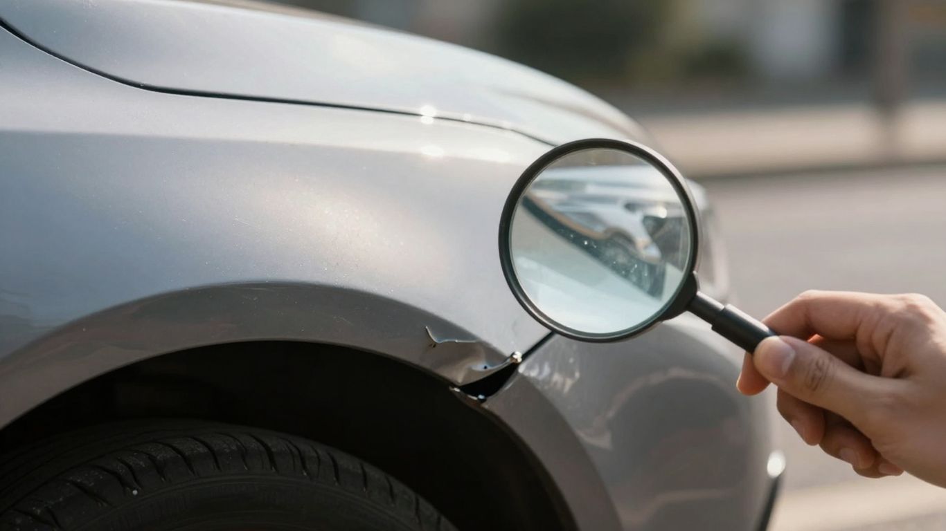 Beschädigtes Auto mit Lupe