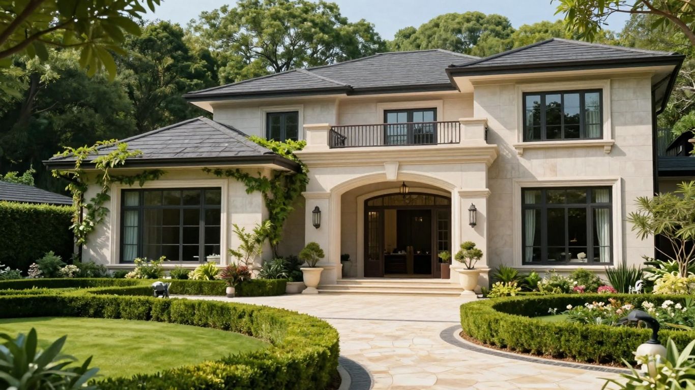 Commodore Perry Estate exterior with gardens and grand entrance.