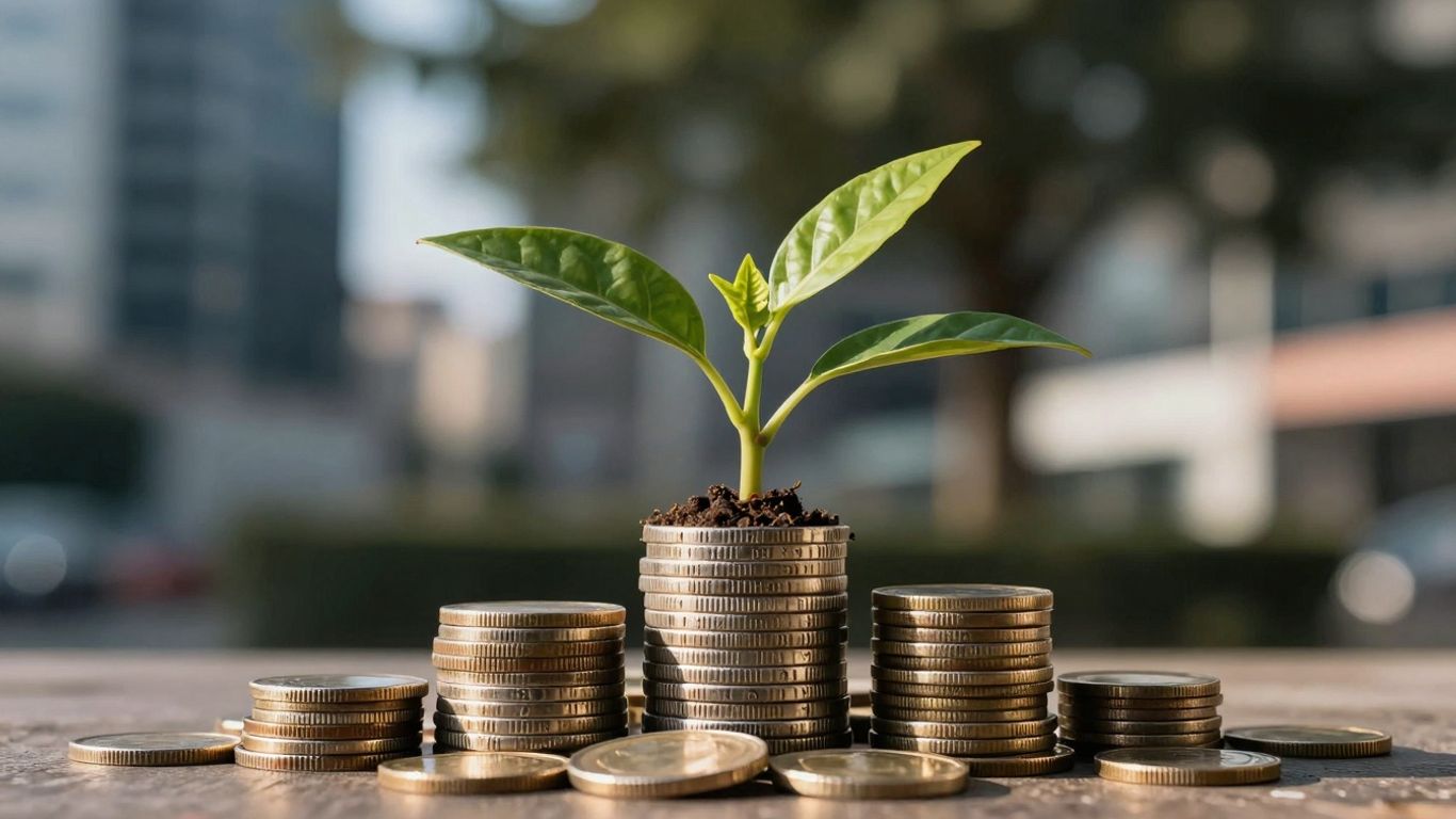 Growing plant with coins, German cityscape background.