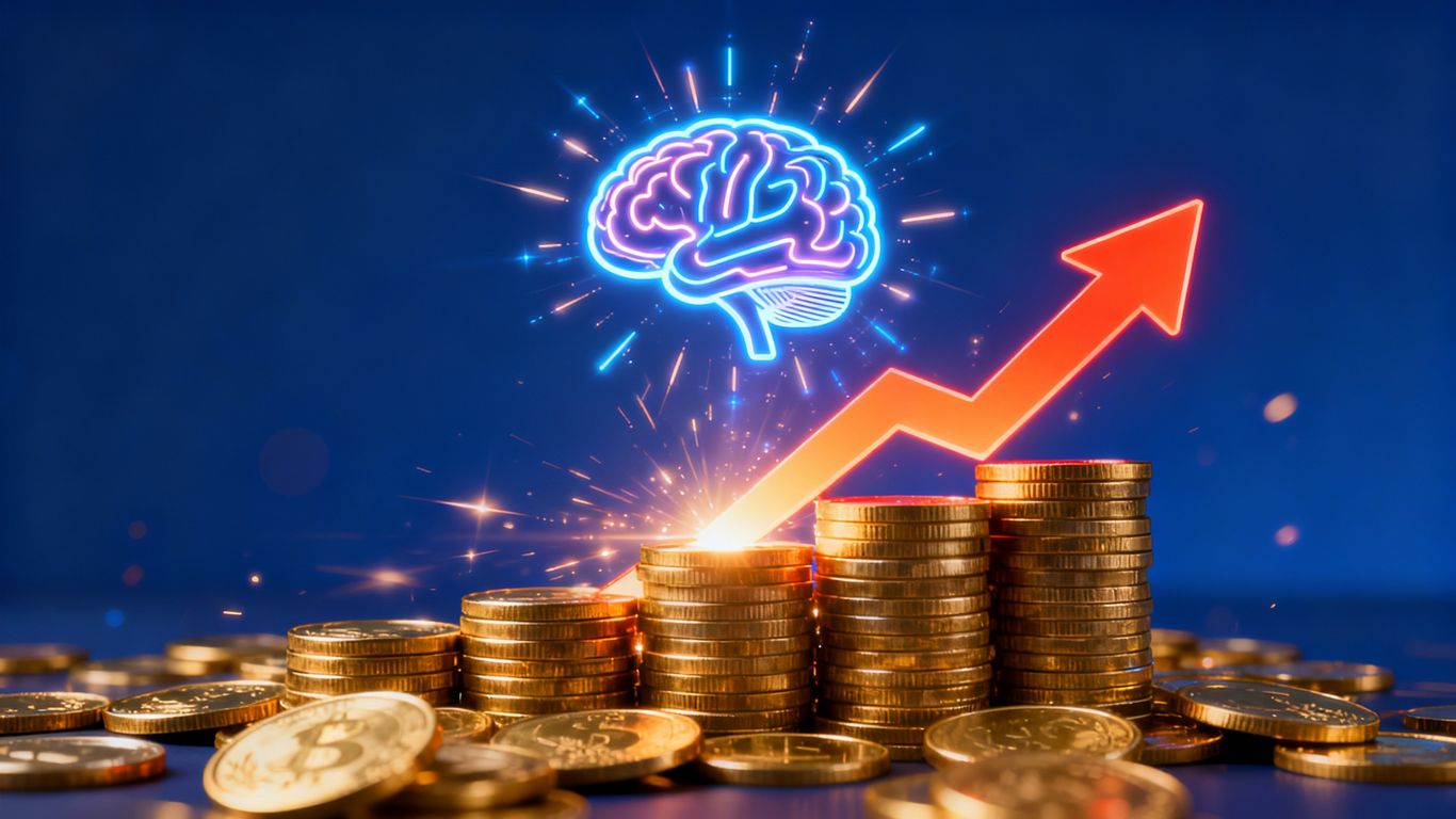Financial growth arrow and glowing brain icon.