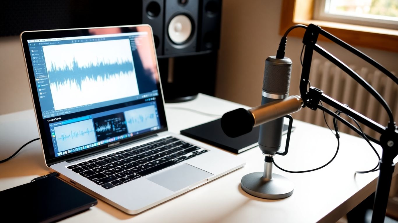 Laptop with audio waveforms and microphone on a desk.